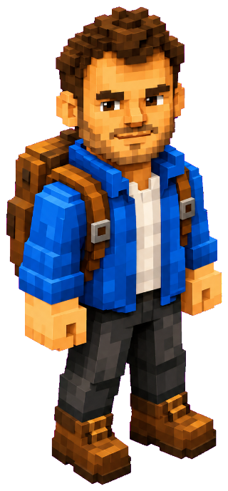 Hannes, in voxel form: blue jacket, backpack, boots